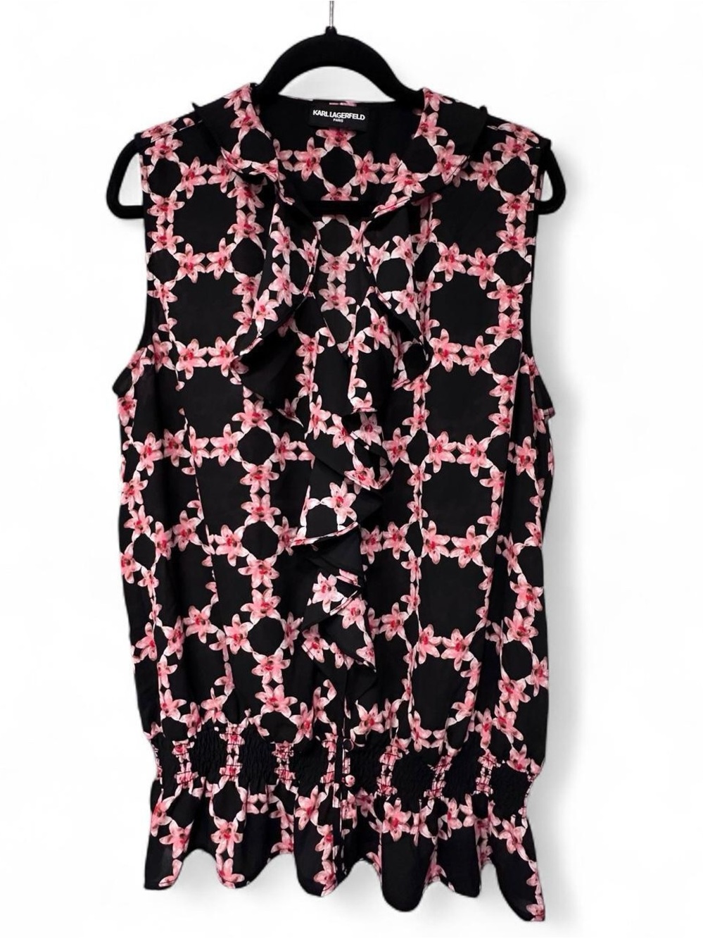 Karl Lagerfeld Black & Pink Floral Ruffle Sleeveless Top